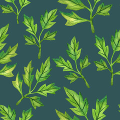 Floral background with leaves watercolor in hand drawn style. Spring leaves seamless pattern on green. Foliage  illustration for paper, textile, wrapping and wallpaper.