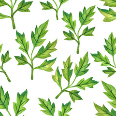 Floral background with leaves watercolor in hand drawn style. Spring leaves seamless pattern on white. Foliage  illustration for paper, textile, wrapping and wallpaper.