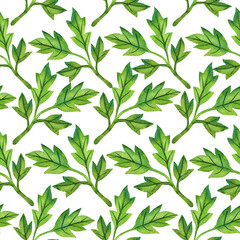 Obraz na płótnie Canvas Floral background with leaves watercolor in hand drawn style. Spring leaves seamless pattern on white. Foliage illustration for paper, textile, wrapping and wallpaper.