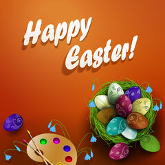 Easter card with nest and eggs, palette with paints and brushes