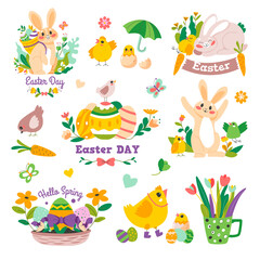 Easter holiday, hello spring, bunny and chickens