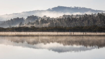 Obraz na płótnie Canvas fog and mist on mountain reflection in calm water
