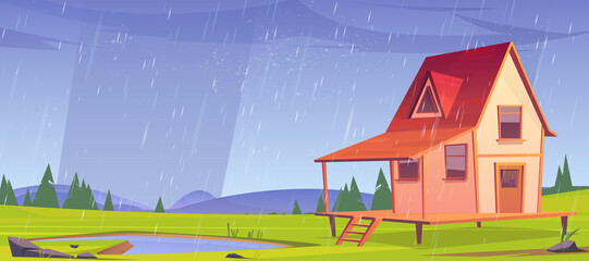 Wooden stilt house at rainy weather. Old shack with terrace on piles stand on green field with pond under rain shower and green trees around. Uninhabited forester hut, Cartoon vector illustration