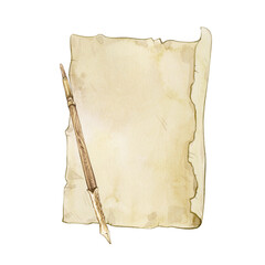 Watercolor illustration of old paper sheet and wooden pen isolated on white background.