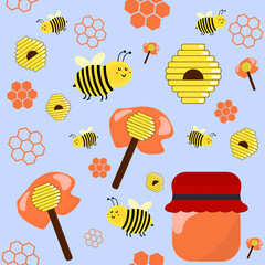 Pattern with bees, honey, honeycombs and others..