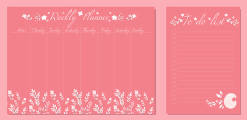 Vector set of tender child day organization templates with floral decorations. Weekly planner and to do list with flower and star. Gentle setting tasks for the day and for the week