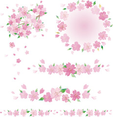 Fototapeta na wymiar 春　さくら　サクラ　桜　花　水彩　手描き　飾り　罫線　ライン　あしらい　イラスト素材セット 