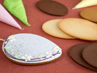 Easter egg sugar cookies. Decorated cookies. Gingerbread decoration with colored sugar icing