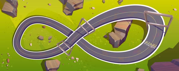 Rollo Top view of speed race car track on green hill for game background. Vector cartoon illustration of circuit road in shape of infinity sign for auto rally competition. Loop racetrack map © klyaksun
