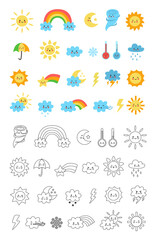 Set of cute black and white and colorful weather pictures. Coloring page for kids.