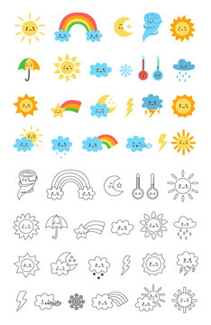 Set of cute black and white and colorful weather pictures. Coloring page for kids.