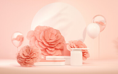 3D podium display, pastel pink background with peony flowers. Bubble and palm leaf shadow. Peach Fuzz is color trend of the Year 2024. Valentine, Women's day. 3d render