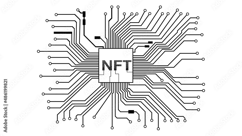 Wall mural pcb tracks with ntf non fungible token in center isolated on white. website design element.
