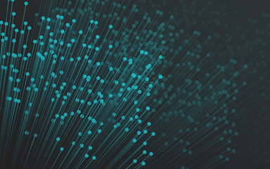 Abstract digital technology background of science, futuristic concept. Lines of optical fiber in blue or teal emerge from dark center.