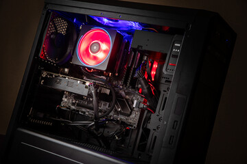 Inside of a gaming computer with LED lights