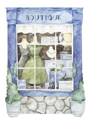 Vintage showcase of boutique. Window of clothing store. Watercolor hand-drawn illustration. Template for postcard