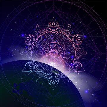 Vector illustration of Sacred geometric symbol against the space background with sunrise and stars.