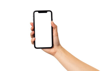 Hand woman holding smartphone with blank screen isolated on white background with clipping path