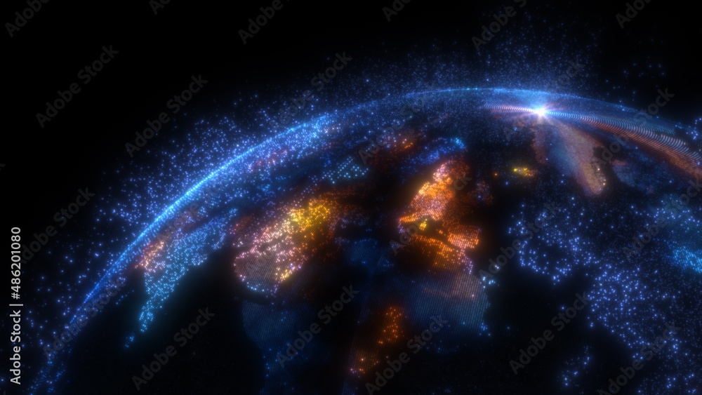 Poster glowing sphere with a map of the world from particles