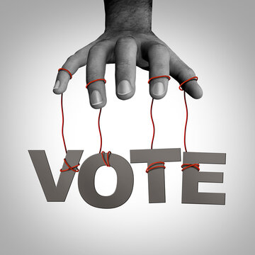 Vote rigging and voting suppression as votes and electoral fraud or election manipulation by a puppet master as a secretive hand controlling the electoral process 