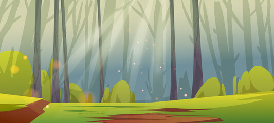 Deep forest with sunny glade, green grass and tree trunks silhouettes. Vector cartoon illustration of summer woods landscape with sunshine beams. Jungle panorama with green lawn