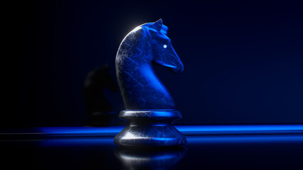 Game concept. Dark marble chess knight. Blue neon light. 3d illustration © flashmovie