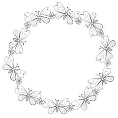 Vector round frame, border from contoured cute butterflys and flowers in Doodle style. Glade, forest edge. Simple background, decoration for spring, summer, holiday, children