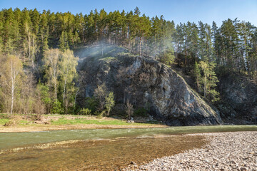 Wallpaper, nature, landscape, rafting, hiking, Bashkiria, Ural, mountains, rocks, shore, water, river, bend, turn, forest, trees, firs, greenery, morning, fog, distance, expanse, height, heaven,beauty