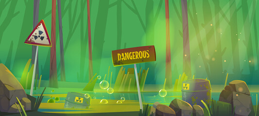 Stench dirty swamp with toxic waste barrels and warning signs. Vector cartoon illustration of environment pollution. Forest landscape with marsh with radiation contamination - obrazy, fototapety, plakaty