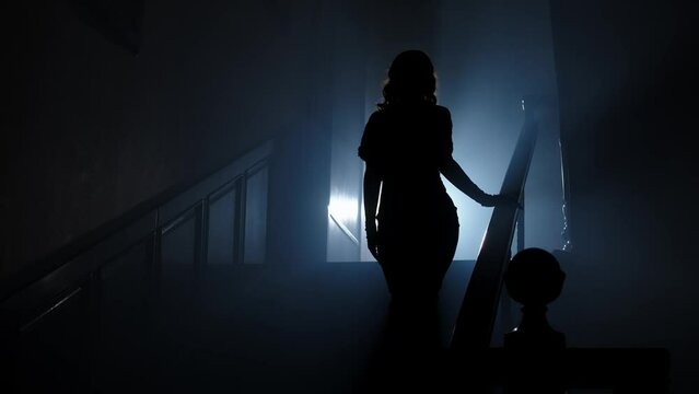 a mysterious and beautiful woman in an evening dress and high heels climbs the stairs into the smoky room. Fairy tale atmosphere Close-up, slow motion
