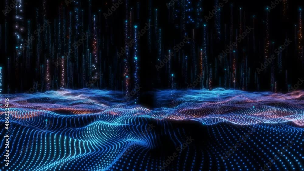 Poster particle field with animation of waves, bright light