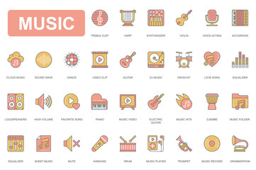 Music concept simple line icons set. Pack outline pictograms of synthesizer, violin, accordion, sound wave, guitar, drum, song, piano, karaoke and other. Vector elements for mobile app and web design