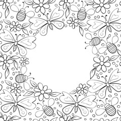 Vector cute frame, border from contoured butterflies, honey bees and flowers in Doodle style. Glade, forest edge, nature theme. Decoration for spring, summer, holiday, children