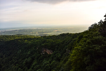 View of the valley from the glass bridge in the Sataplia Nature Reserve. The Caucasus Mountains. Georgia. 2019.