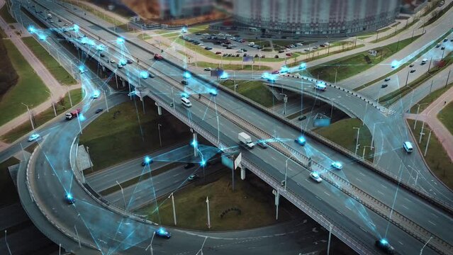 Futuristic smart traffic and control intelligent system. Vehicles are united in a common network. Autonomous self-driving cars moving along a city junction. Smart Roads, Ai Logistic, Traffic sensing