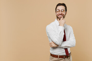 Young minded successful employee business man corporate lawyer 20s wear classic white shirt red tie...
