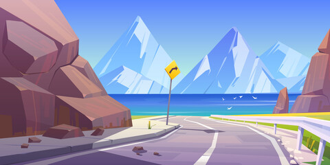 Summer landscape with car road, lake or river and mountains on horizon. Vector cartoon illustration of asphalt highway with sign and fencing on sea shore and white rocks on coast