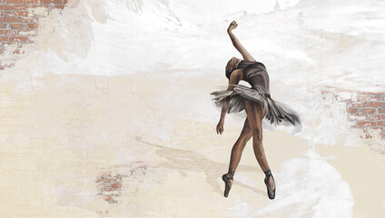 art ballerina on a textured background with scuffs and a brick texture, photo wallpaper for the interior - obrazy, fototapety, plakaty