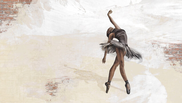 art ballerina on a textured background with scuffs and a brick texture, photo wallpaper for the interior