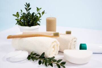 morning hygiene kit. Skin and dental care products. Hygiene concept.