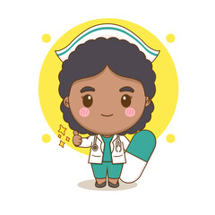Cute nurse with big pill chibi cartoon character
