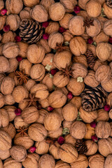 Still life of walnuts and spices, top view
