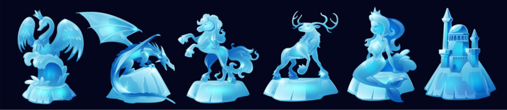 Ice sculptures of animals, mermaid and medieval castle isolated on black background. Vector cartoon set of blue statues of swan, dragon, deer and horse made from snow block or frozen water
