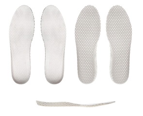 White, anatomical, ventilated insoles, isolated on a white background, a set of three types