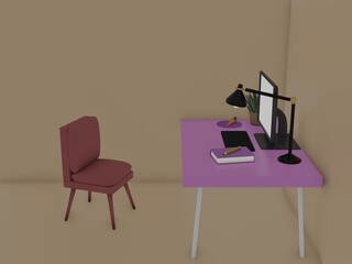 3D Render of Desk Space for Working at Home.