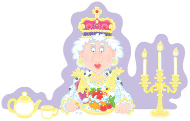 Queen in a crown and in a solemn royal dress sitting at her festive table with a traditional fresh and tasty British Yorkshire pudding with berries, vector cartoon illustration on white
