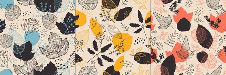 Vector leaves seamless patterns set, hand drawn autumn background. Retro fall nature, plants pattern.