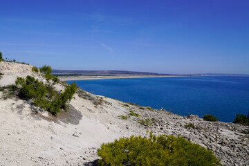 Leucate pathway panoramic natural coast in french Occitanie south france