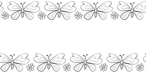 Vector cute border, frame of outline butterflys and flowers in doodle style. Horizontal top and bottom edging, decoration, seamless pattern for holidays, natural design, spring, summer, children