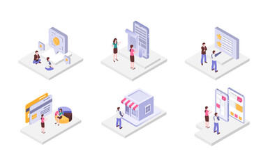 Set Of Isometric Business People Working In Workspace Statistical Analysis And Management